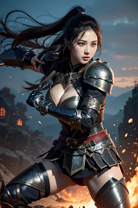 (highest quality,8K,masterpiece),
dynamic shot,ethnic warrior,Pose with movement,dynamic pose,
perfect face,realistic skin,perfect hands,
big breasts,
black armor,Detailed details,intricate details,
professional lighting,