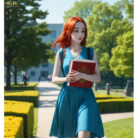 (best quality,4k,8k,highres,masterpiece:1.2),ultra-detailed, red haired Chinese college student, Dilraba Dilmurat, walking on campus. blue sundress, carrying books HDR, 8k, absurdres, cinestill 800, sharp focus