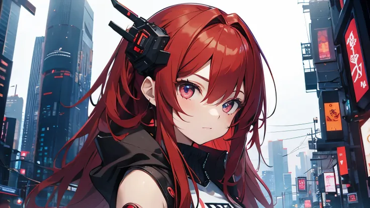 beautiful anime girl with red hair, cyberpunk girl