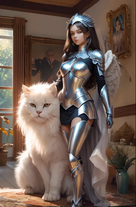 beautiful girl angel , sexy figure , shiny armor , there is a huge one standing next to her 