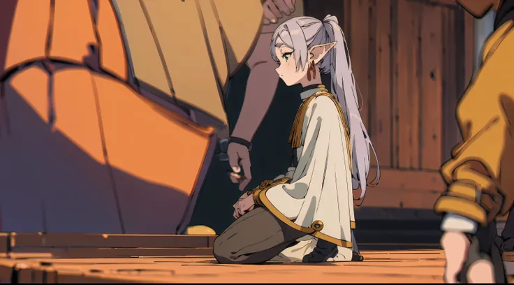 Anime scene of a man kneeling to a kneeling woman，high detail, anime style, from the side, ultra high definition, masterpiece，masterpiece，best quality，Phil, Double tail, pointed ears, round face,white hair, green eyes, Elf, pantyhose, long hair, earrings, ...