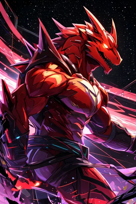 masterpiece, best quality, perfect anatomy, (detailed eyes:1.2), (Red Raptor), male, solo, cables as tenacles from back, glowing eyes, floating in air, digital_space, binary, glitchy, glitch creature, liquid, detailed background, Evil, Mischief, kemono, so...