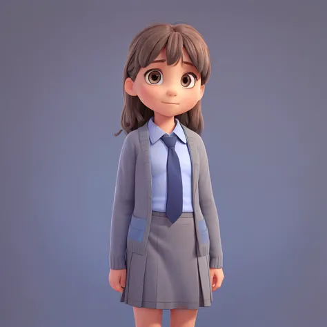 Girl 6 years old, brown hair, school uniform, (((blue tie, grey cardigan, blue shirt, grey skirt))). No back ground