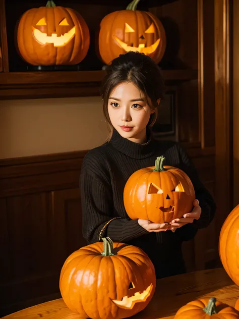 pumpkins with sculpture faces are lined up on a table, Astonishing, pumpkins, jack lantern, pumpkin灯, sculpture, october, sculpture, artistic masterpiece, Addy Meyers, author：author：author：by Dennis Flanders, pumpkin, Directly on the portrait, pumpkin head...