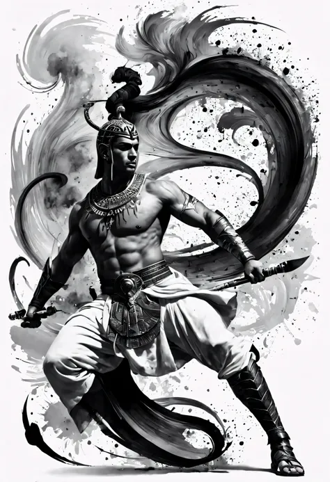 egyptian warrior, the art of tattooing, ink splash, swirl of ink, arabic letter, art at its best, black, white & grey, 血