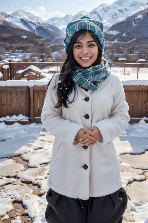 A beautiful Pakistani girl with thick black hair and bright skin, brown eyes and light freckles on her cheeks, ((laughing face expression)), wearing full winter clothes and hat, standing in front of snow covered mountains in winter, captivating background,...