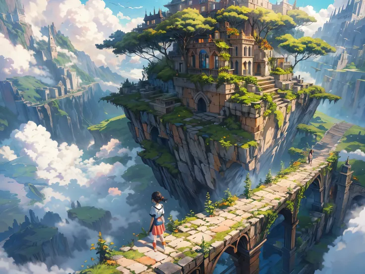 (in the air),(above the cloud:1.4),(finely detailed ancient lost_city:1.3),(lost_city towering above the clouds:1.2),epic,(focus_girl:1.2),(girl in city peak of Broken bridge), sitting on the verge of that bridge looking at the far horizons,rule of thirds,...