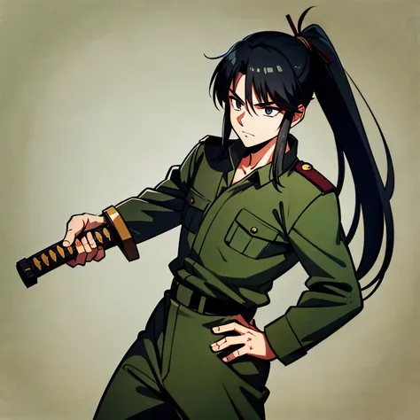 A cool but ruthless young man with long black hair tied in a ponytail.  He is wearing a camouflage uniform for a third class military officer of the Imperial Japanese Navy.  He wears a military sword on his left hip.