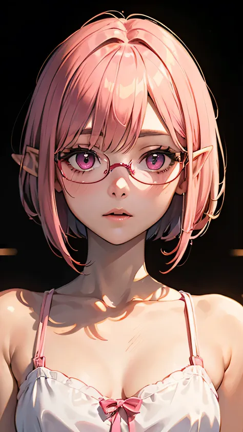 (((milky pink short bob hair:1.2、thick red glasses with small frames:1、[elf ears:0.7]、magenta eyes:1.2)))golden hour、backlight、o...