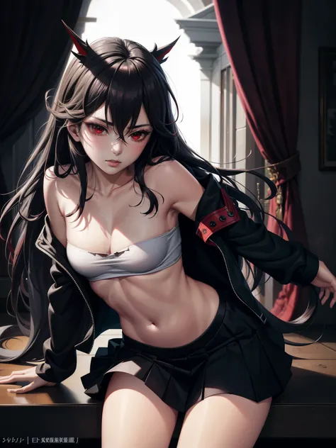 beautiful, masterpiece, best quality, extremely detailed face, perfect lighting,1 girl, alone, Ryuko Maai, Black Zefuku, black skirt, Red hair, Immortal Jue, torn clothes, Lower chest