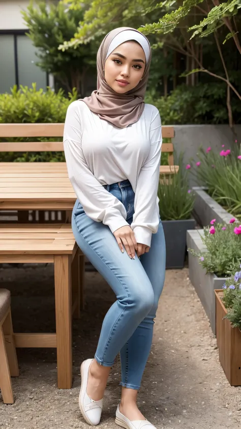 ( Close Up),RAW, Best quality, high resolution, masterpiece: 1.3), beautiful Malay woman in hijab,Masterpiece, perfect fit body, big breast,big gorgeous eyes, Soft smile,beutiful face,thick thighs, a woman standing in garden with a table and chairs, full b...