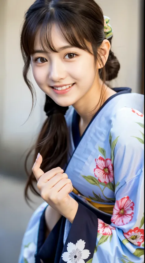 ulzzang-6500-V1.1, (Raw photo:1.2), (photorealistic), beautiful detailed girl, ( real: 1.4), very detailedな目と顔, beautiful detailed eyes, (Japanese pattern kimono,floral scrunchie)、 (very affectionate smile:1.2)、huge file size, High resolution, very detaile...