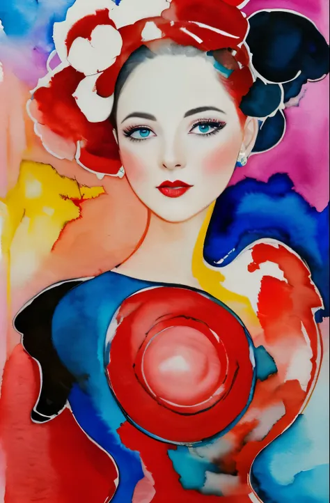 painting of a woman with a red and white face, Sylvia Pelissero watercolors, tumbler, abstract art, Intense watercolor painting, watercolor detailed art, watercolor splash, surreal, Avant-garde pop art, Beautiful and expressive painting, Beautiful artwork ...