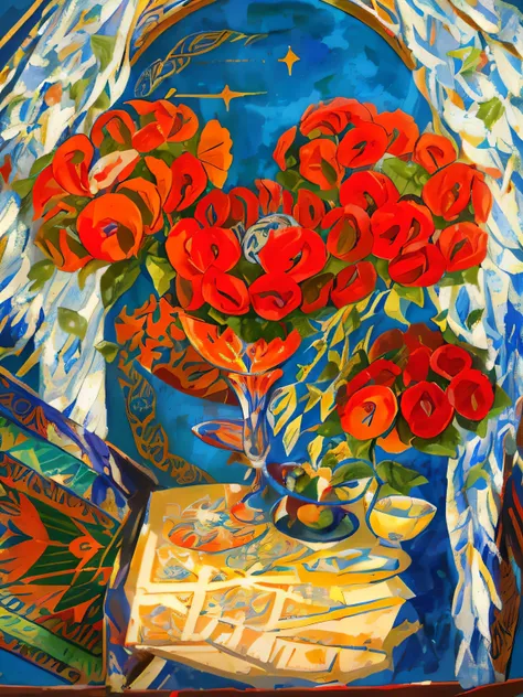 painting of a vase with flores vermelhas and angel wings, inspired Direction: Marianne von Werefkin, Direction: Marianne von Werefkin, red papoulas, inspirado em Martiros Saryan, inspired by Jan Stanisławski, papoulas, flores vermelhas, inspirado em Natali...