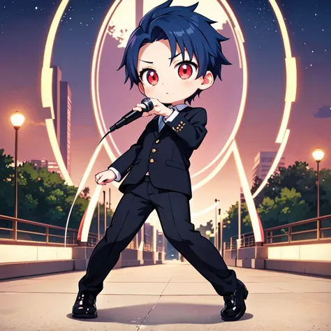 masterpiece, best quality, detailed beautiful face and eyes,super fine illustration,beautiful artwork,anime screencap,1boy,solo,beautiful dark blue hair,spiked hair,beautiful red eyes,chibi character,full body,looking at viewer,singing,park,suit,