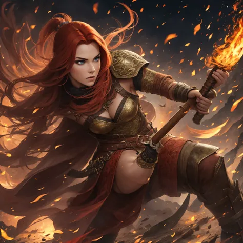 Viking warrior with red hair, golden snake eyes, dressed in a fur lined battle jacket. She looks fierce, raising her battle axe just before she deals a deadly blow to the dragon that lays at her feet.  --auto --s2