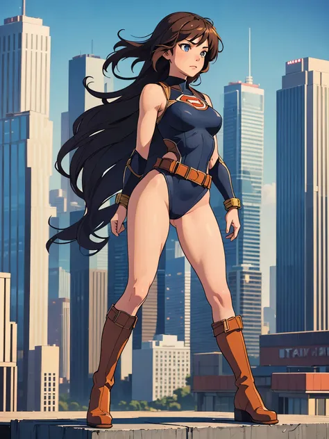 1girl, mature adult, solo, singe, solo focus, superhero, leotard, bare legs, boots, bracelets, single tight belt, city backdrop, standing, masterpiece, best quality, cowboy shot, full body shot, medium breasts, perfect anatomy, beautiful detailed eyes