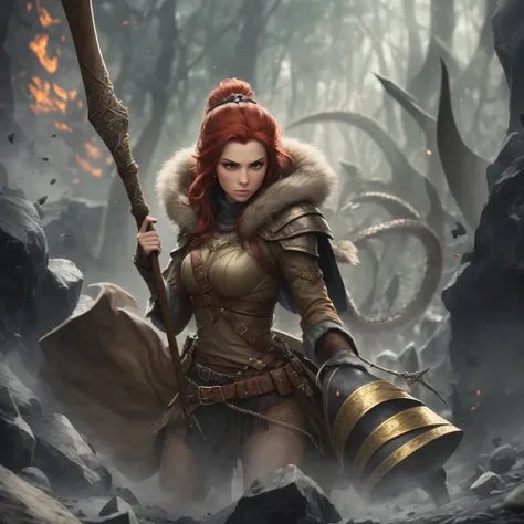 Viking warrior with red hair, golden snake eyes, dressed in a fur lined battle jacket. She looks fierce, raising her battle axe just before she deals a deadly blow to the dragon that lays at her feet.  --auto --s2