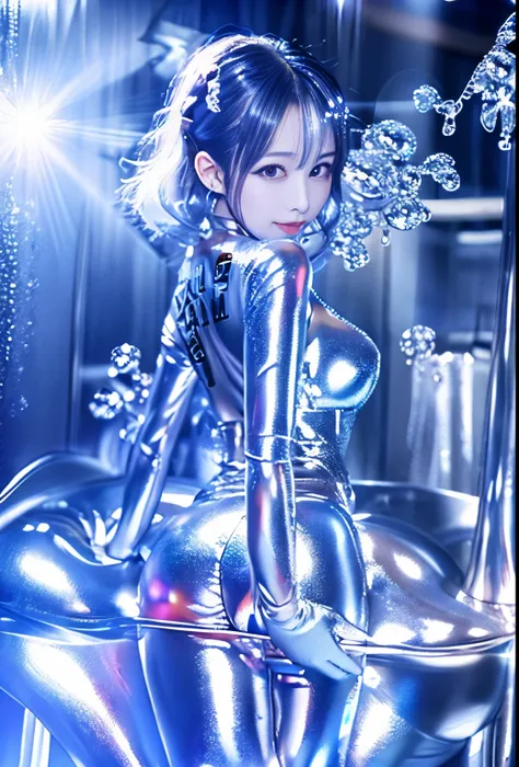 (hight resolution,masutepiece:1.2),ultra-detailed,(realistic:1.37), back shot, silver facial paint , slime girl, covered in ,sil...