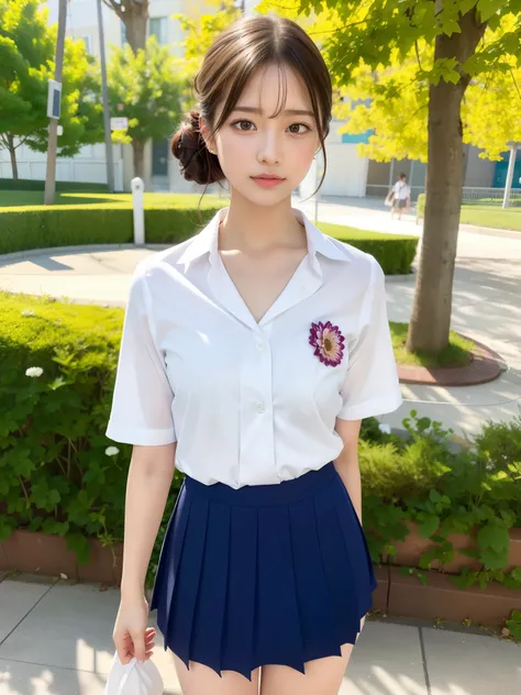 bra top, school uniform skirt, ((of the highest quality, 8K, masutepiece: 1.3, Raw photo)), Sharp Focus: 1.2, (1 AESPA Girl :1.1), (Solo: 1.15), (Realistic, Photorealistic: 1.37), (Face Focus: 1.1), Cute face, hyperdetailed face, Short messy hair, updo, Sm...