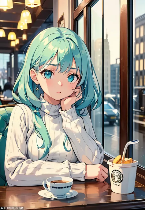 (masterpiece:1.2, best quality), (intricate details, depth of field), (1girl, solo), (small breasts:1.2), highly-detailed, perfect face, (skindentation), turquoise hairs, cyan eyes, (A girl sitting in cafe, white sweater), winter night, sitting near window...