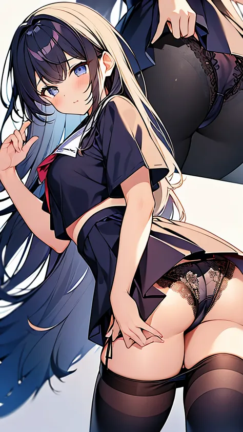 (masterpiece:1.05), (highest quality:1.05),1 girl,School_uniform, (((白いpanties))), dark blue skirt, floating skirt,lace trim_good, lace trim_panties, 濡れたpanties, beautiful hands, good手, ((detail panties)),