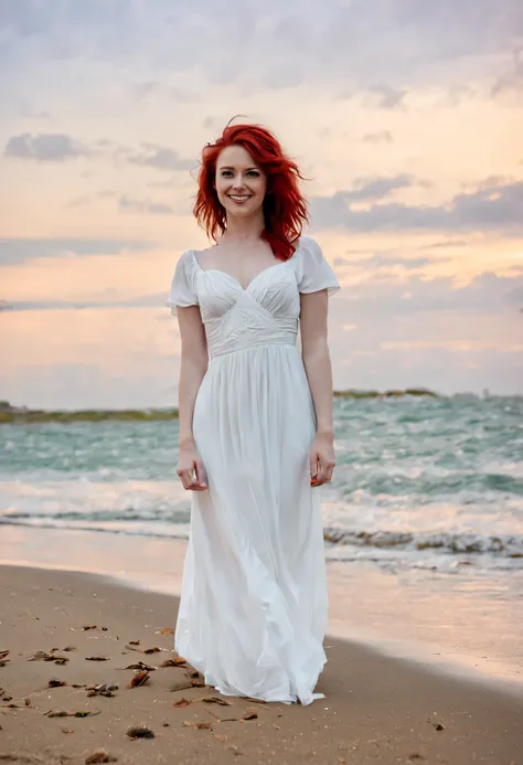 young beautiful woman, mit roten Haaren, dark green eyes, White dresses, Vorderseite, Full body, am Strand, Smile