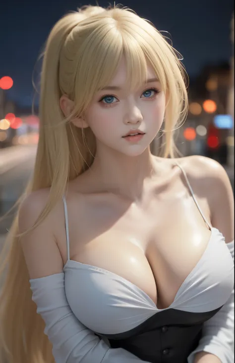 blond woman with big breast posing in a city street at night, realistic anime 3 d style, hyper realistic anime, smooth anime cg art, 3 d anime realistic, photorealistic anime, artwork in the style of guweiz, photorealistic anime girl render, detailed digit...