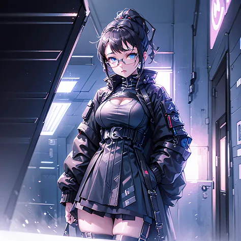 massive hips in a corset and a black and white outfit, big breast, high ponytail, glasses, blue eyes, with Fishnet on breasts, humble outfit, wearing techwear and armor, cyberpunk outfit, wearing japanese techwear, intriguing outfit, all black cyberpunk cl...