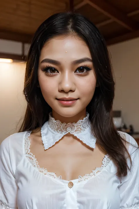 A girl, frontal, pretty face, Thai style makeup, Youthful, smile slightly:, Extremely detailed face, bright and large eyes, white shirt with lace collar,  