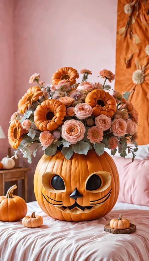 Super detailed pumpkin hollow carving，(There&#39;A cat  engraved on it&#39;s face.(pumpkin vase))，Girls room，detail，Delicate pink floral luffy bedding，wooden furniture，sparkling shades，Autumn atmosphere，pastel colors，Highlight with pastels，Artistic sense，（...