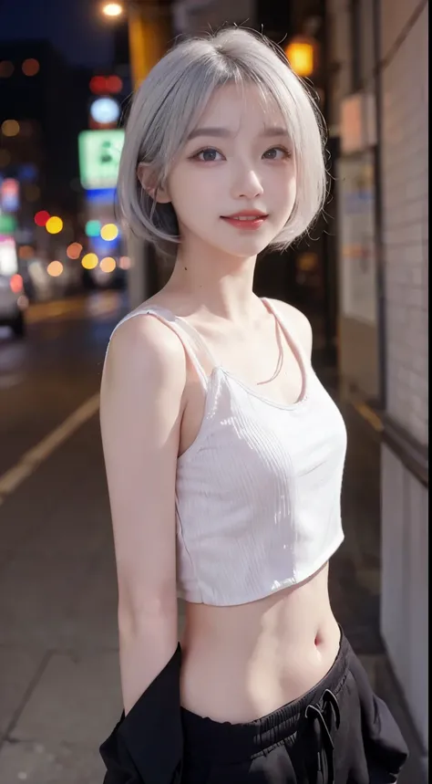 best image quality、RAW photo、ultra high resolution、21 years old Korean、small breasts、dynamic angle、cowboy shot、the most beautiful form chaos、elegant、innovative design、innovative design、vivid colors、beautiful white hair、short bob、smile、glossy white skin、bea...