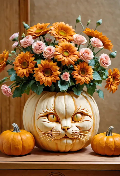 Super detailed pumpkin hollow carving，(There&#39;A cat  engraved on it&#39;s face.(pumpkin vase))，cozy room，delicate pink flowers，wooden furniture，Autumn atmosphere，pastel colors，Artistic sense，（best quality，Super fine，photorealism：1.37），Originality，beauty...