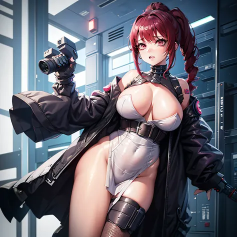 adult sexy woman, massive hips in a corset and a black and white outfit, big breast, high ponytail, red eyes, with Fishnet on breasts, humble outfit, wearing techwear and armor, cyberpunk outfit, wearing japanese techwear, intriguing outfit, all black cybe...