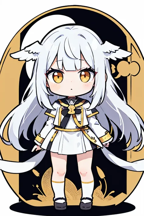 full body shot, a girl, angel, standing, long hair, golden eyes, solid white background, with angel wings on back, from front, chibi anime, best quality, white hair