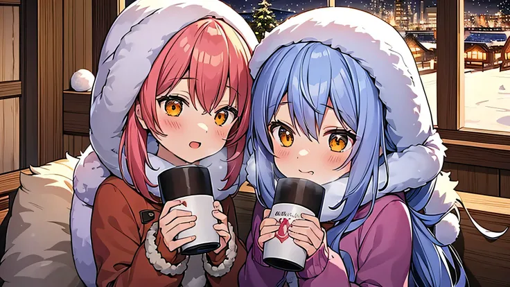 A warm and inviting scene featuring:
Two anime characters "girl and boy" bundled up in winter coats, holding mugs of hot cocoa while gazing at a snowy landscape from a cabin window.
Fairy lights and snowflakes twinkling in the background.
This evokes a sen...