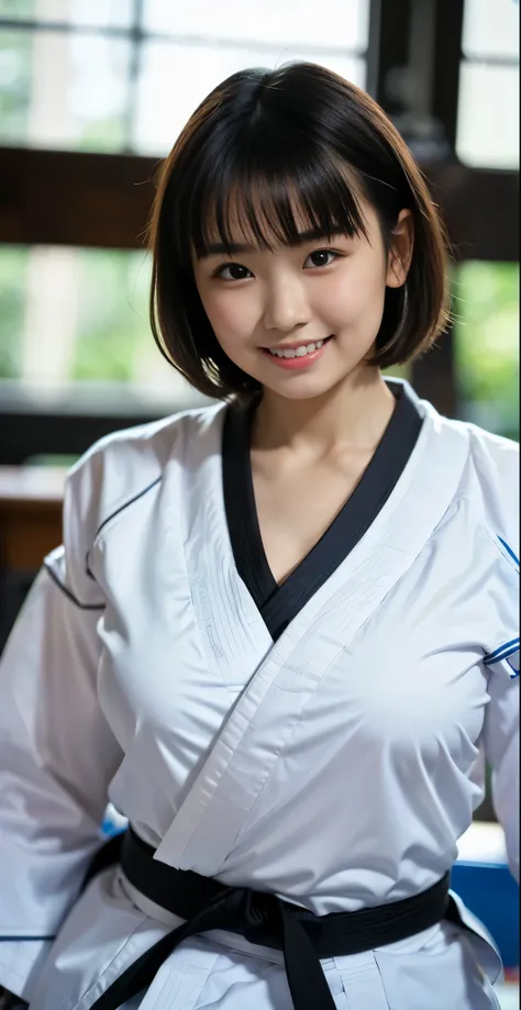 （8K、Raw photography、highest quality、masterpiece：1.2),(black haired、very short hair:1.7),show viewer,Looking at the front,erotic,白いskin,(wearing a karate kimono:1.7)、(Clothing that emphasizes the shape of your chest、publish one&#39;skin:1.5)、(big boobs:1.4)...