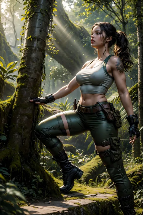 (best quality,4k,8k,highres,masterpiece:1.2),ultra-detailed,(realistic,photorealistic,photo-realistic:1.37),sexy lara croft,holding 2 handguns,adventurous,confident expression,curly dark hair,fit physique,tactical clothing,cobalt blue tank top and shorts,c...