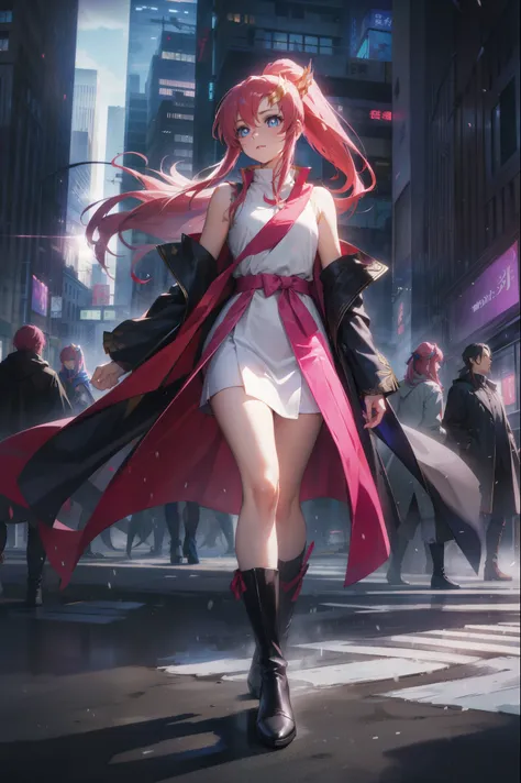 lacusclyne, lacus clyne, blue eyes, hair ornament, long hair, wave hair ornament, pink hair, ponytail, hair ribbon, hair clip,
BREAK ankle boots, black robe, boots, coat, long sleeves, red ribbon, ribbon, robe, sidelocks, sleeveless coat, white coat, white...