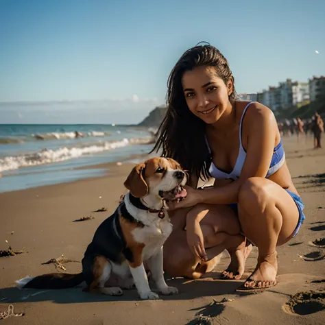 Chica en la playa con un perro Beagle 