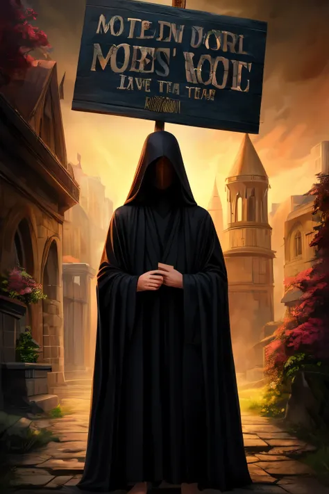 show me an human, with an full hidden face, wearing a black robe, in the backround mysterious, holding a sign