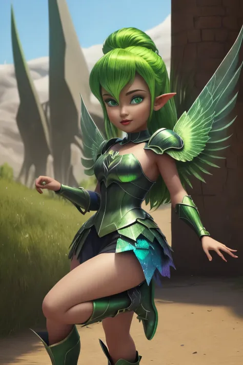 goblin, iridescent green wings, armor made of iridescent green crystals, green hair and eyes, shine with power, masterpiece, hig...