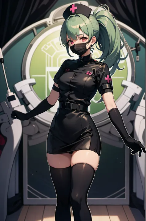 black nurse, 1 girl, alone, black nurse cap, black wear, ((black legwear, zettai ryouiki)), black elbow gloves, ponytail, green ...