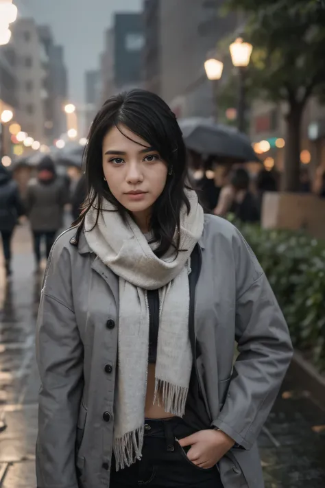 photo of a 25 year old lady, jacket, ear studs, gray scarf, sweater, shortcut black hair, fit, beautiful, (effeminate), eyeliner, standing on the walkway, background  a crowded street, bokeh, rain,humid, overcast, artificial lights, detailed face and eyes,...