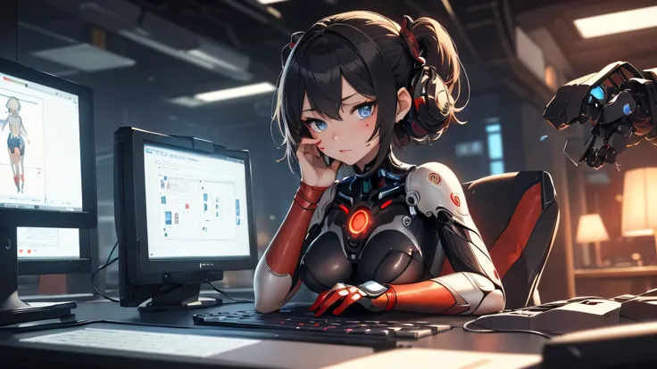 (((masterpiece))), (((best quality))), ((ultra-detailed)),((an extremely delicate and beautiful)),(cute delicate face),((anime girl)),solo,(machine made joints:1.4),((sitting)),expressionless,(small breasts covered),short black hair, blue eyes, black robot...