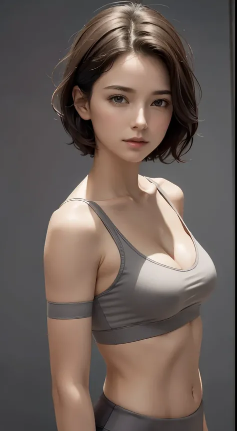 Looking at Viewer, cinematic lighting, Perfect fit, soft light, High resolution skin:1.2, realistic skin texture, body tired from sports、30 years old mature woman、small face、no makeup、Makeup is light、short cut hair、dark brown hair、Bust B Cup、small breasts ...