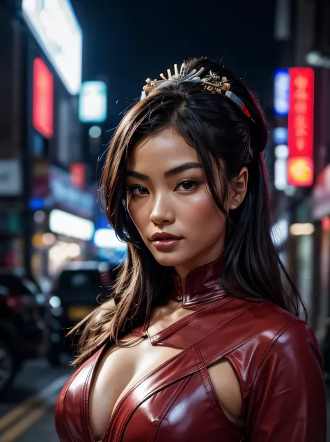 From below, a gorgeous asian woman, age 23, bun and wavy hair, shes a men magazine model, She has a subtle smile and flirts with the camera, (shes in the street of a futuristic cyberpunk city at night), (she’s wears a Victorian cyberpunk geisha red leather...