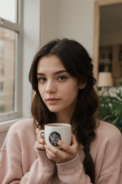 a 25 year woman holding a cup of coffee, black hair shortcut, 8k, ultra 16k, realistic, pink sweater, beautiful, elegant, best quality, portrait, photograph, beautiful eyes, french braid