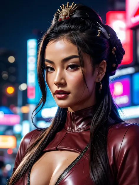 From below, a gorgeous asian woman, age 23, bun and wavy hair, shes a men magazine model, She has a subtle smile and flirts with the camera, (shes in the street of a futuristic cyberpunk city at night), (she’s wears a Victorian cyberpunk geisha red leather...