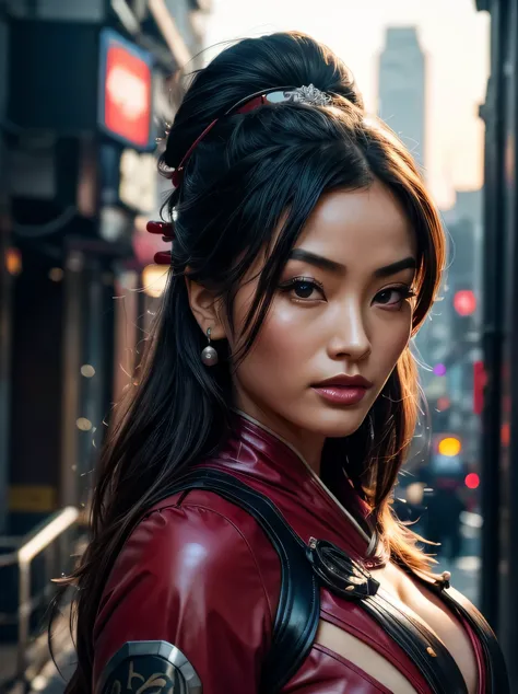 From below, a gorgeous asian woman, age 23, bun and wavy hair, shes a men magazine model, She has a subtle smile and flirts with the camera, (shes in the street of a futuristic cyberpunk city at night), (she’s wears a Victorian cyberpunk geisha red leather...